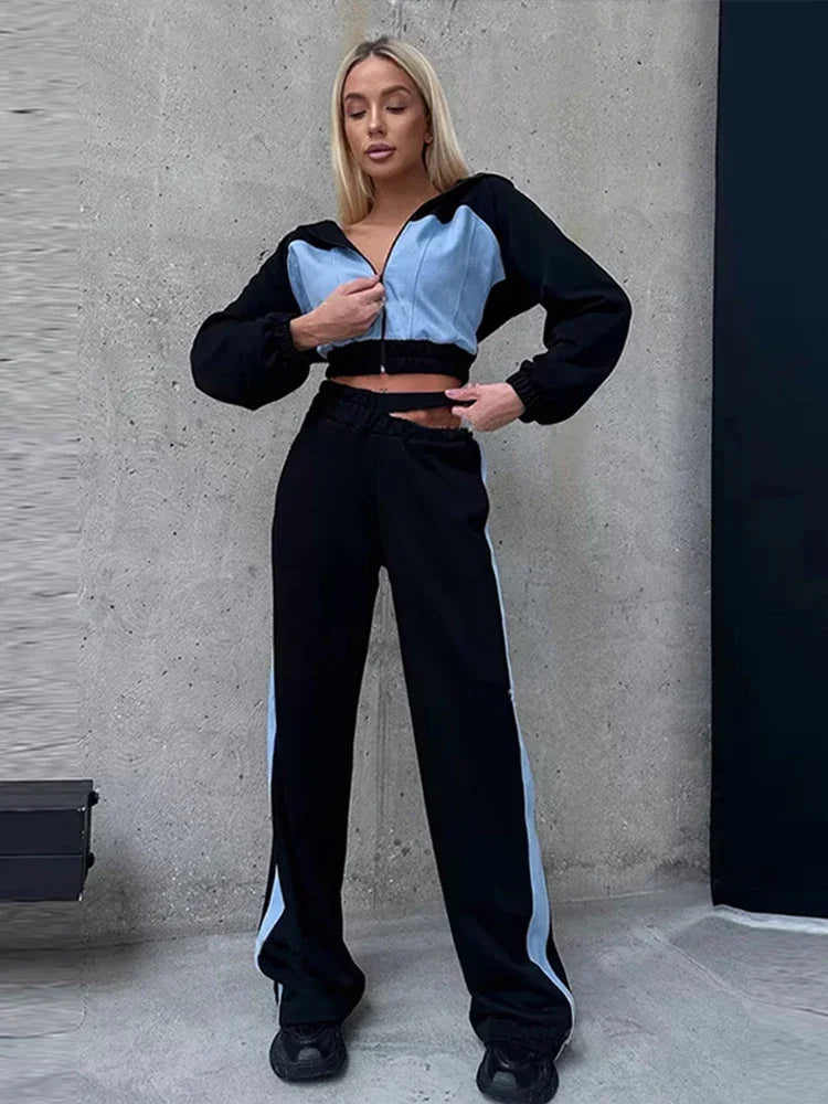 Zekye Autumn Spring Summer Hoodies 2 Piece Sets Long Sleeve Zipper Women's Tracksuit New Crop Tops Wide Leg Sport Pants Set