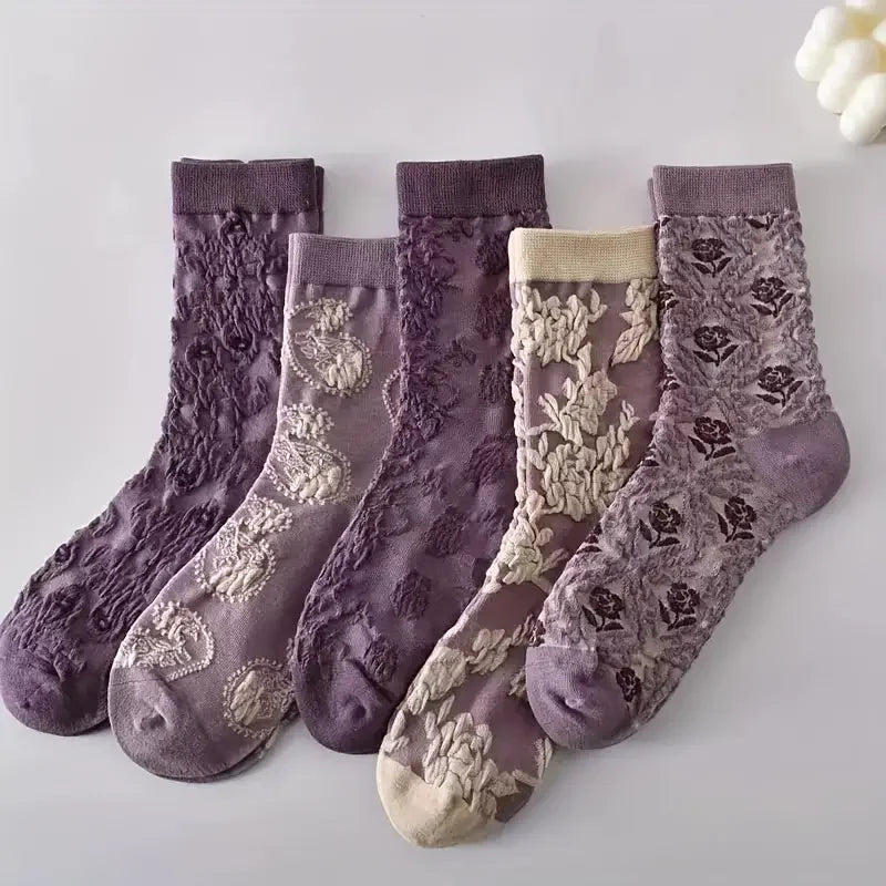 10/20 Double Mixed Vintage 3D Relief Design Women's Middle Socks Forest Plant Flowers Soft and Comfortable Casual Women's Socks