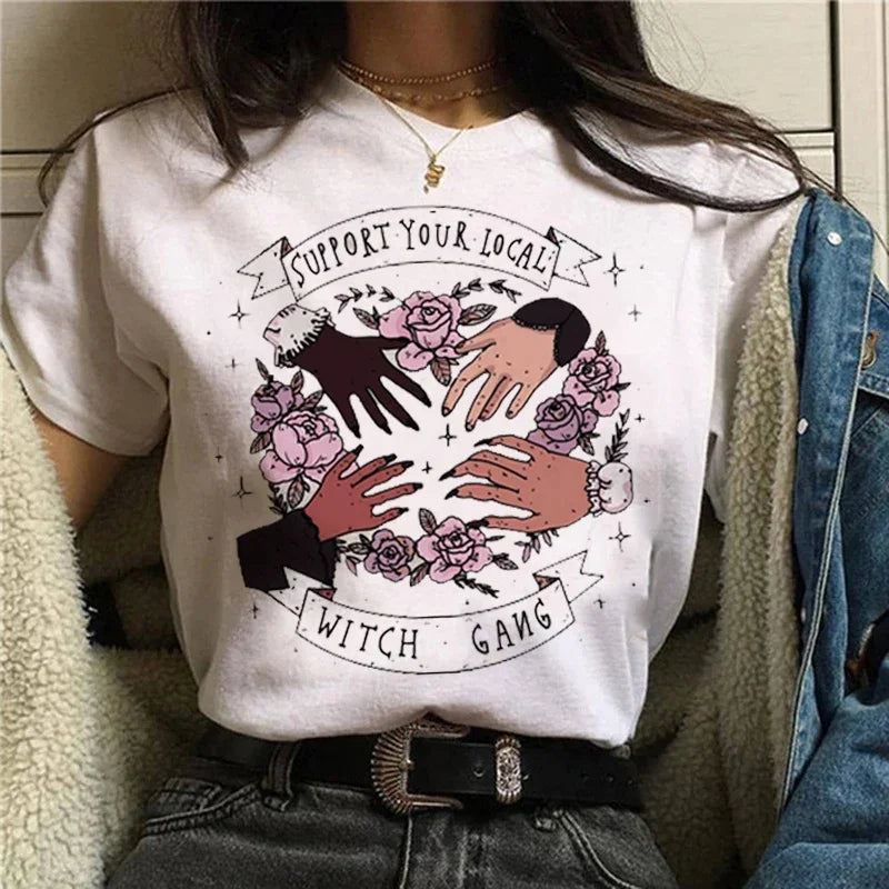 T-shirts Short Sleeve Harajuku Graphic Top Shirts Street Costume Women Cartoon Witch Magic Tshirt Halloween Print