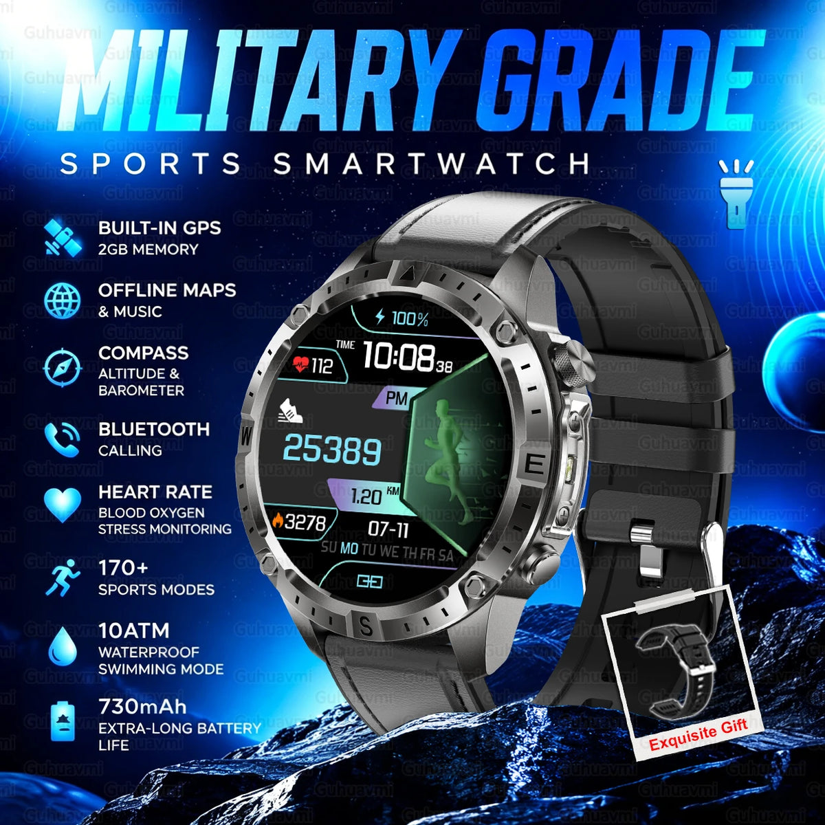 2026 New Rugged Military Smartwatch 2GB Memory GPS Offline Maps Compass 24H Heart Rate 10ATM Waterproof Bluetooth Sports Watches