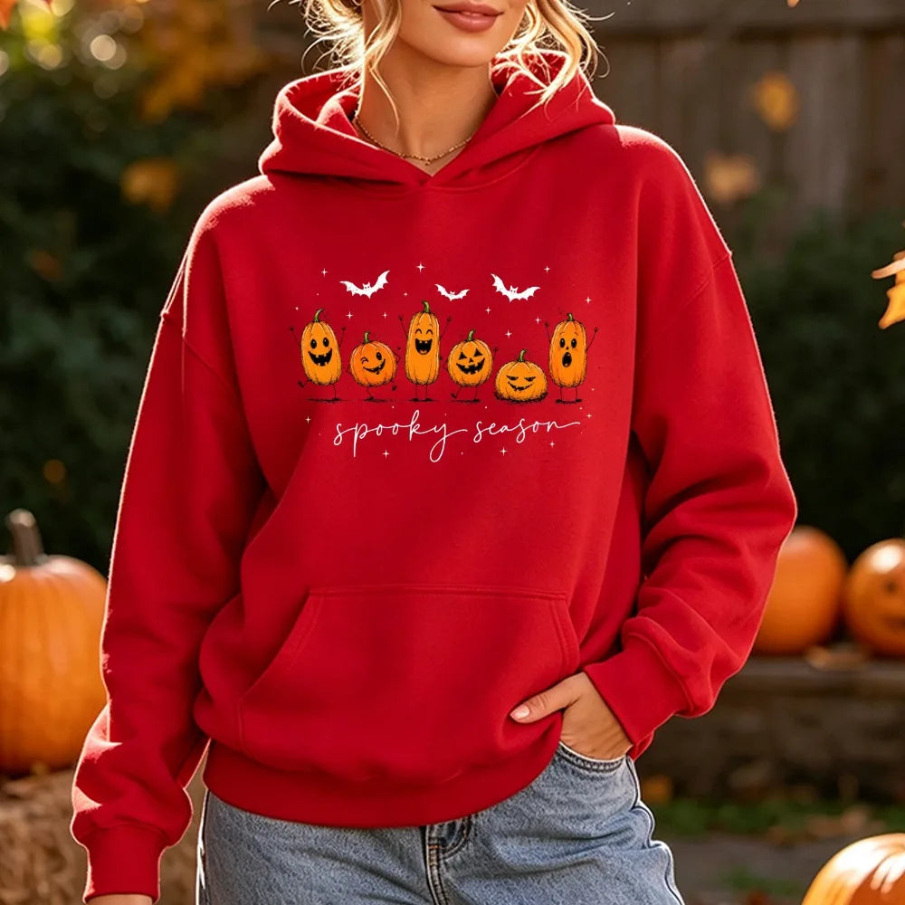 Spooky Season Cute Pumpkin Jack O Lantern Print Hoodie Women Halloween Fall Autumn Funny Graphic Long Sleeve Pullover Top