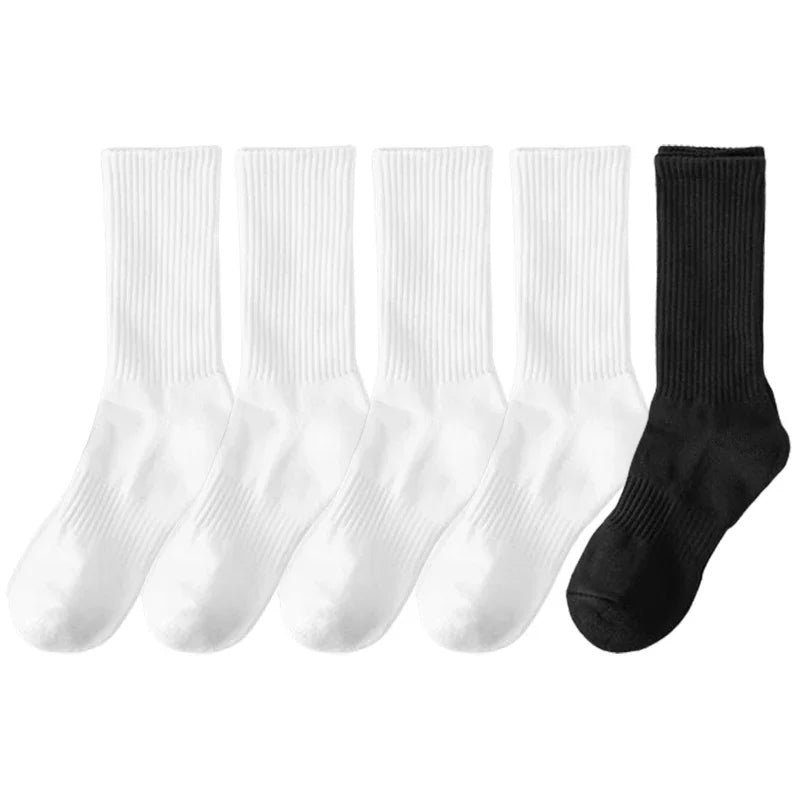 5 Pairs/lot Pure Cotton Men's High Socks Classic Black White Breathable Sweat-Absorbent Women's Autumn Warm Elastic Sports Socks