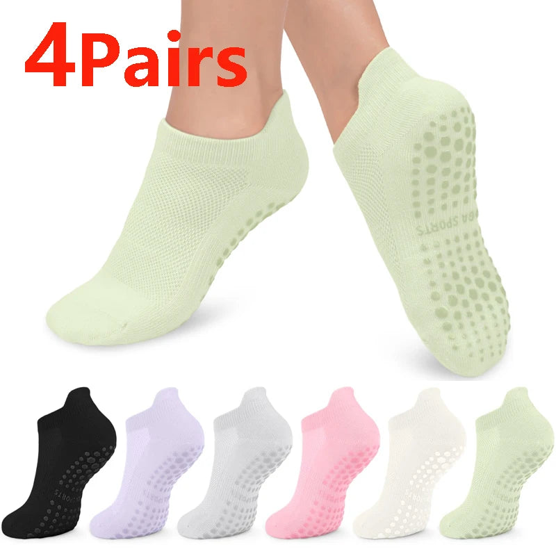 4 Pairs Non Slip Yoga Socks Women Cotton Low Cut Pilates Socks Gym Fitness Dance Sport Floor Short Grip Socks