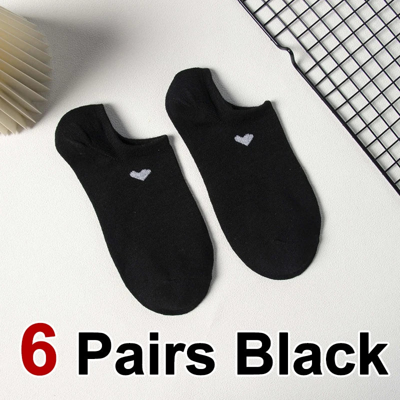 6/12 Pairs Solid Color Heart-Shaped Printed Women Short Socks Summer Breathable Soft Comfortable Simple Style Casual Socks