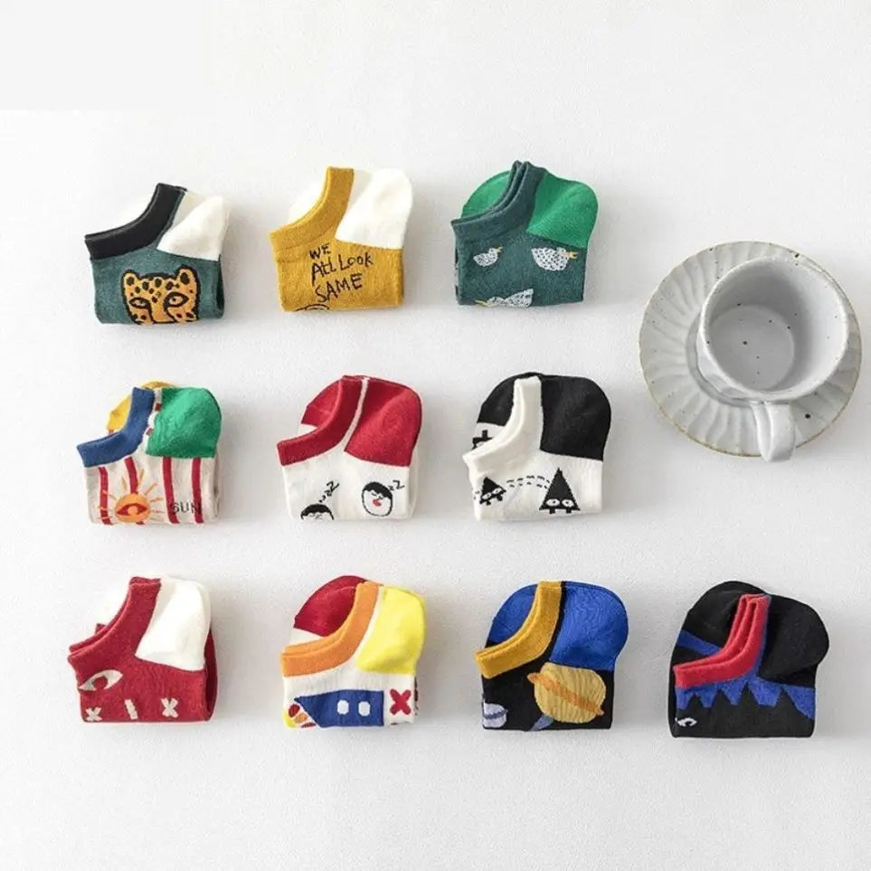 10 Pairs Men's Socks Set Cartoon Fashionable Versatile Casual Ankle Socks Thin Shallow Mouth Comfortable Breathable Cotton Socks