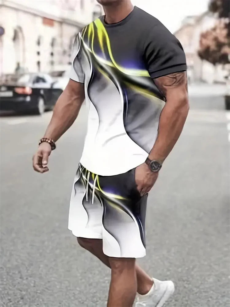 New Gradient Texture T-Shirt Men's Two-Piece Summer New Shorts Suit Fashion 3D Printing Street Casual Sportswear Men's Models