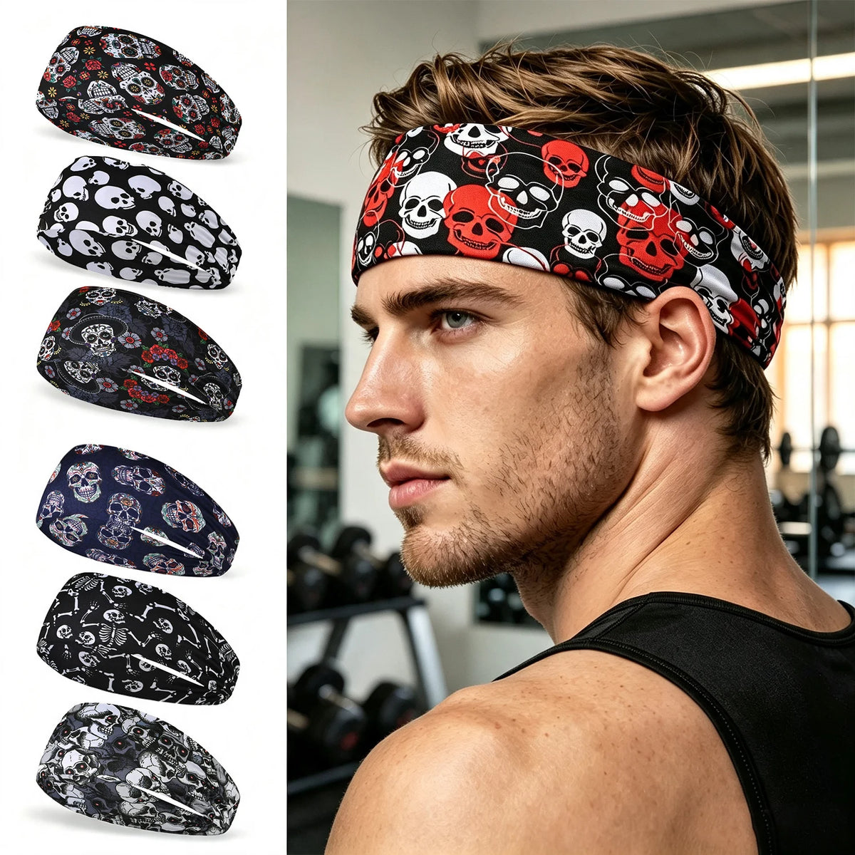 Elastic skull print sports headband, sweat-absorbent sports headband, unisex non-slip fitness headband, cycling street headband