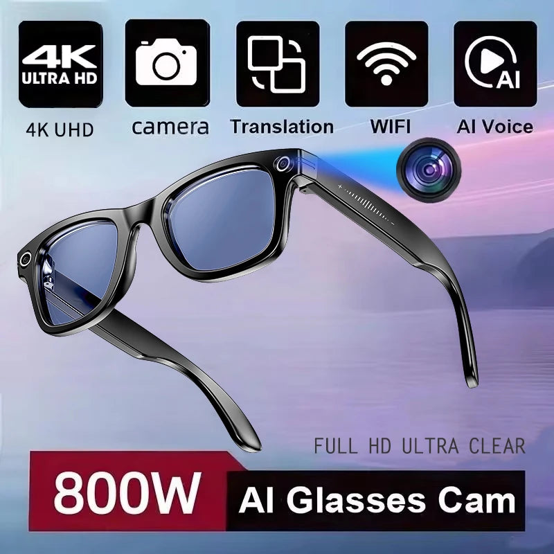 New Camera Glasses 800w Pixel 2K UHD Video Recording EIS Anti Shake 4GB Wifi Ai Translation Anti Blue Light Men Smart Glasses