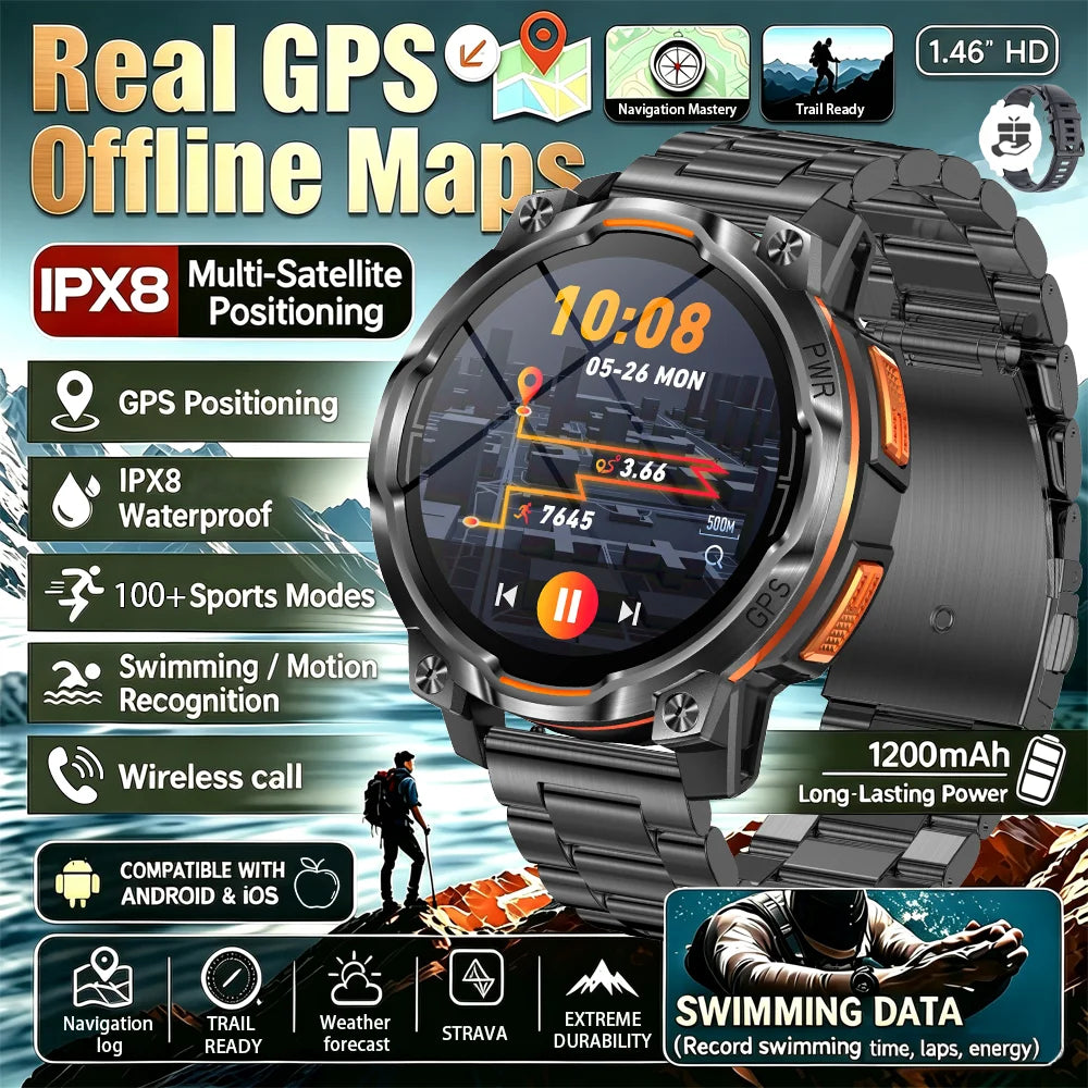 New Outdoor GPS Offline Map Smart Watch Men IPX8 Waterproof 100+ Sports LED Compass Altimeter AMOLED Bluetooth Call Smartwatch