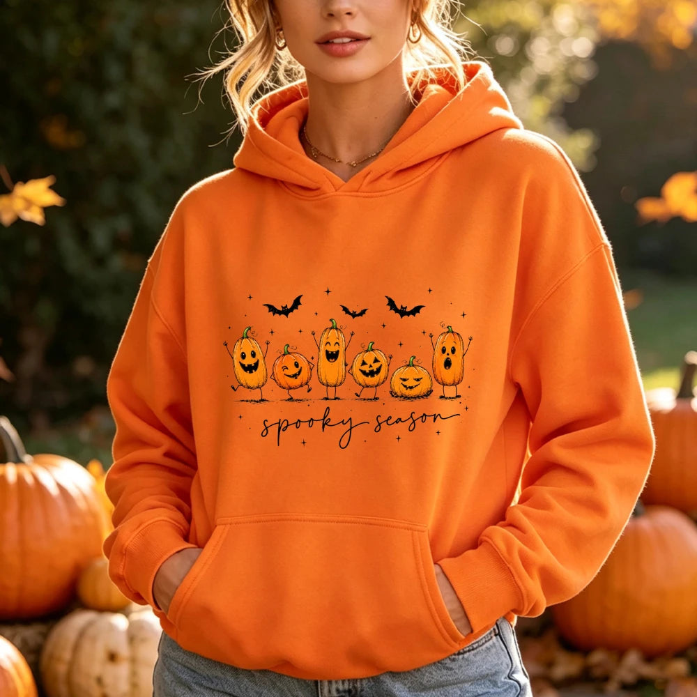 Spooky Season Cute Pumpkin Jack O Lantern Print Hoodie Women Halloween Fall Autumn Funny Graphic Long Sleeve Pullover Top