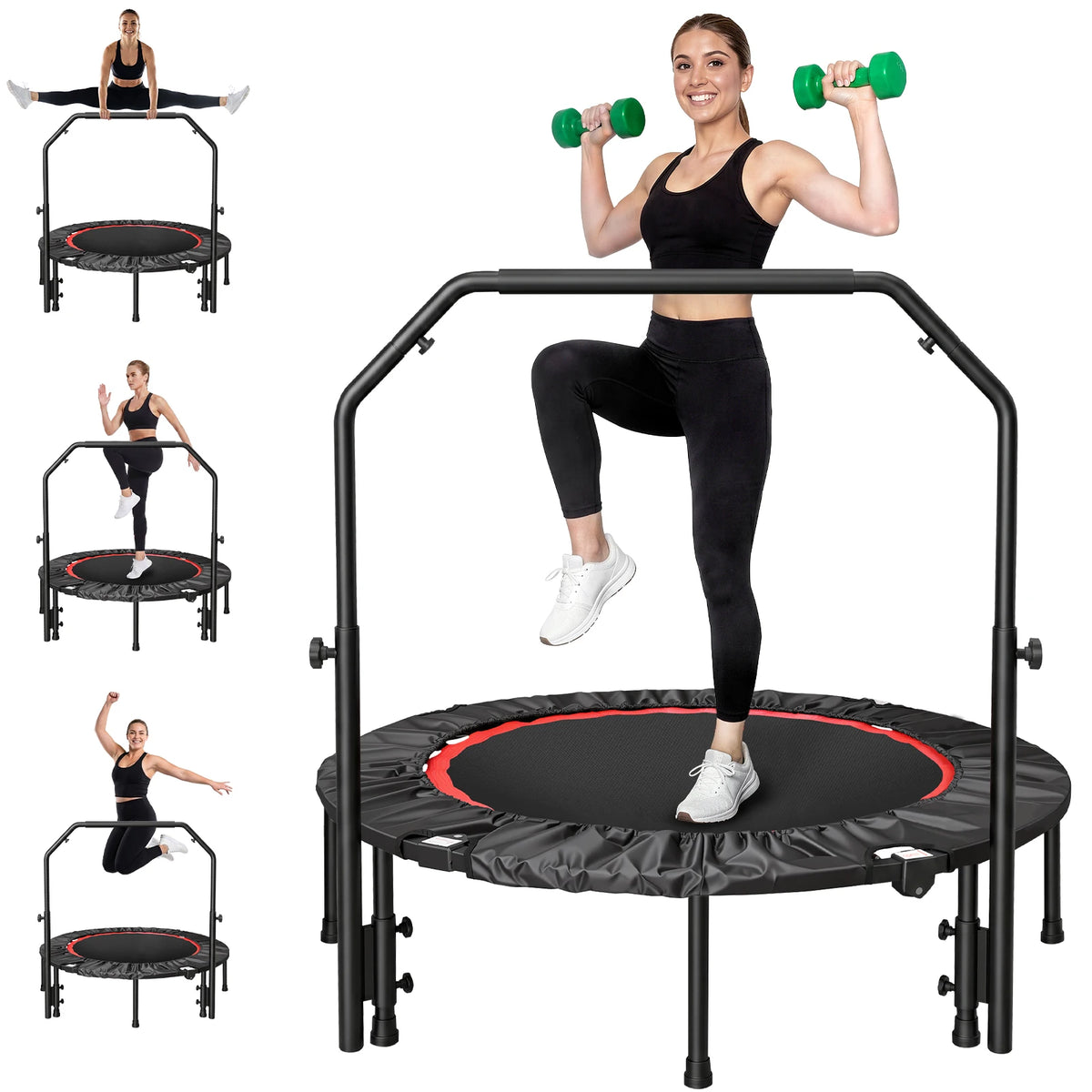 40-Inch Folding Rebounder Trampoline Fitness with Handlebar 716 lbs Weight Capacity Tool Free Assembly for Adults & Kids – Indoor & Outdoor Cardio Fat Burning & Body Shaping