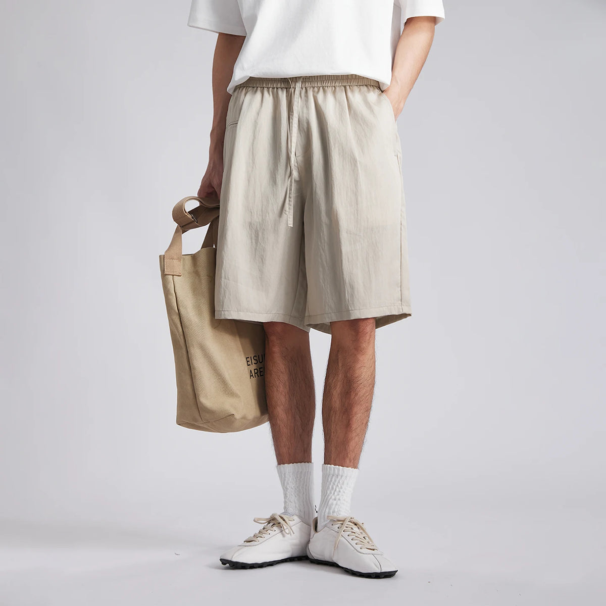 Men's Lyocell Cotton Shorts 2026 Summer Solid Color Drawstring Elastic Waist Wide Leg Five Points Sports Casual Pants