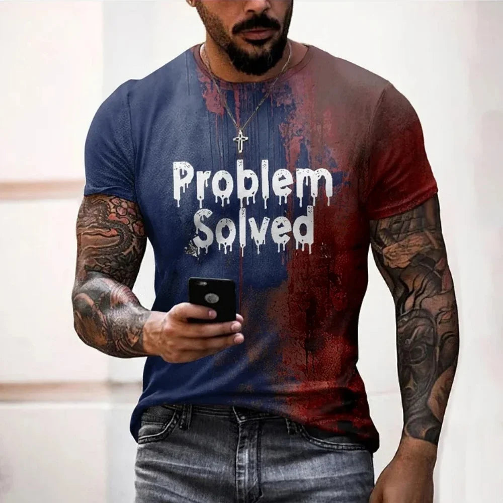 Men's T Shirts Problem Solved Bloody Print Tees Fashion Horrible Halloween Short Sleeve Casual Round Neck Oversized T-shirt Tops