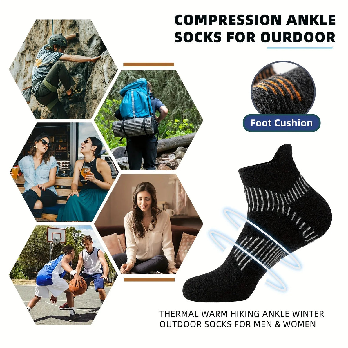 5 Pairs Unisex Merino Wool Ankle Hiking Running Socks Compression Support Thick Cushion No Show Socks Men Women Socks Breathable