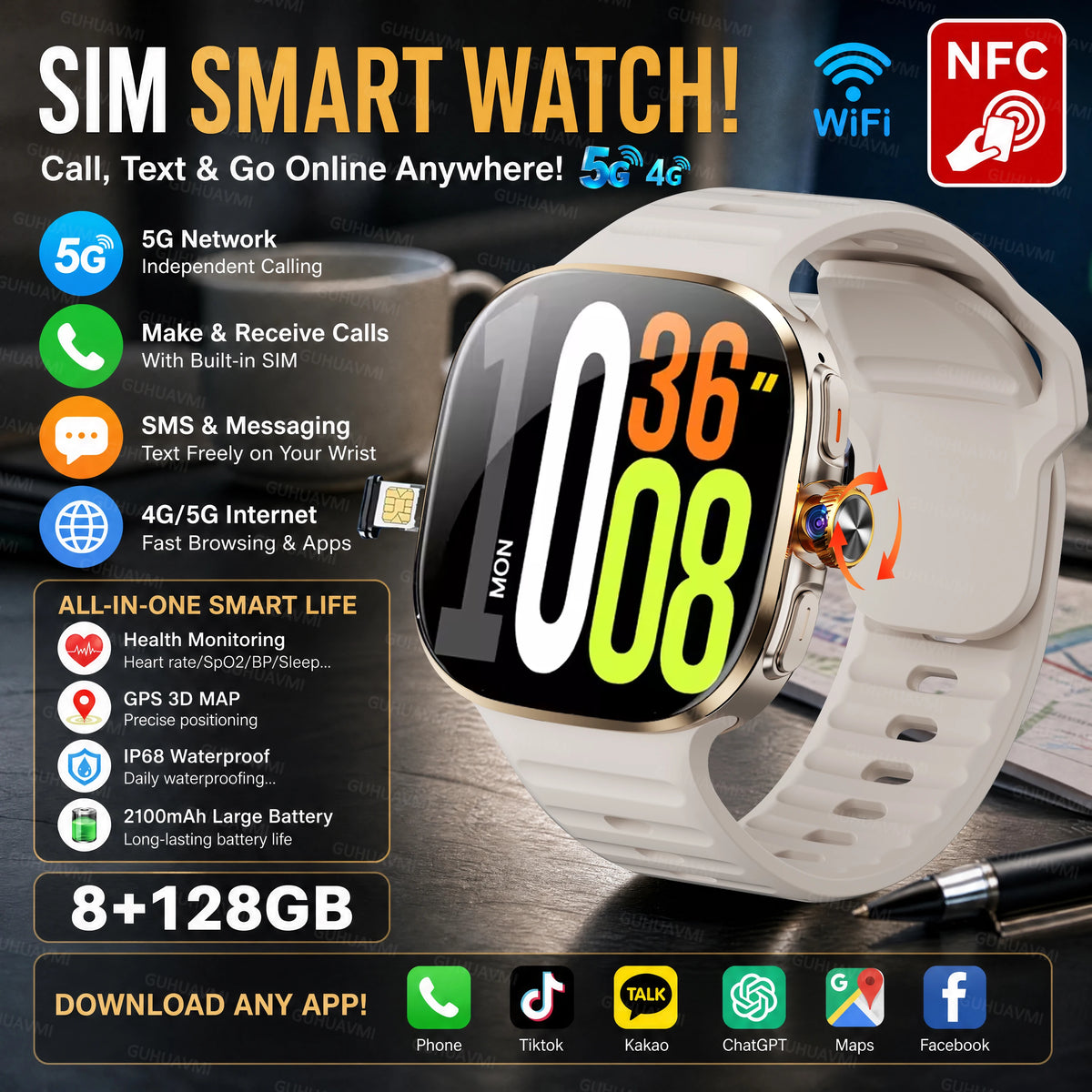 2026 New 5G/4G Smart Watch 8+128GB SIM WiFi GPS Google Maps HD Camera Video Call AI Assistant Google Play Smart Watch Men Lady