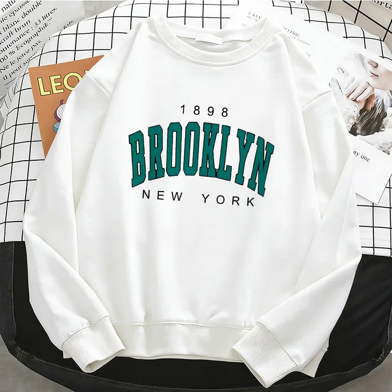 Womens Hoodies Fashion Y2k 1898 BROOKLYN NEW YORK Fleece Sweatshirt Soft Casual O-Neck Pullover Casual Female Clothes