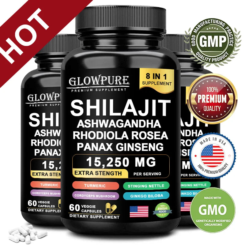 Shilajit Original Himalaya Supplements - 8 in 1 with Ginseng Ashwagandha for Brain, Memory, Concentration, Energy, Immune Health