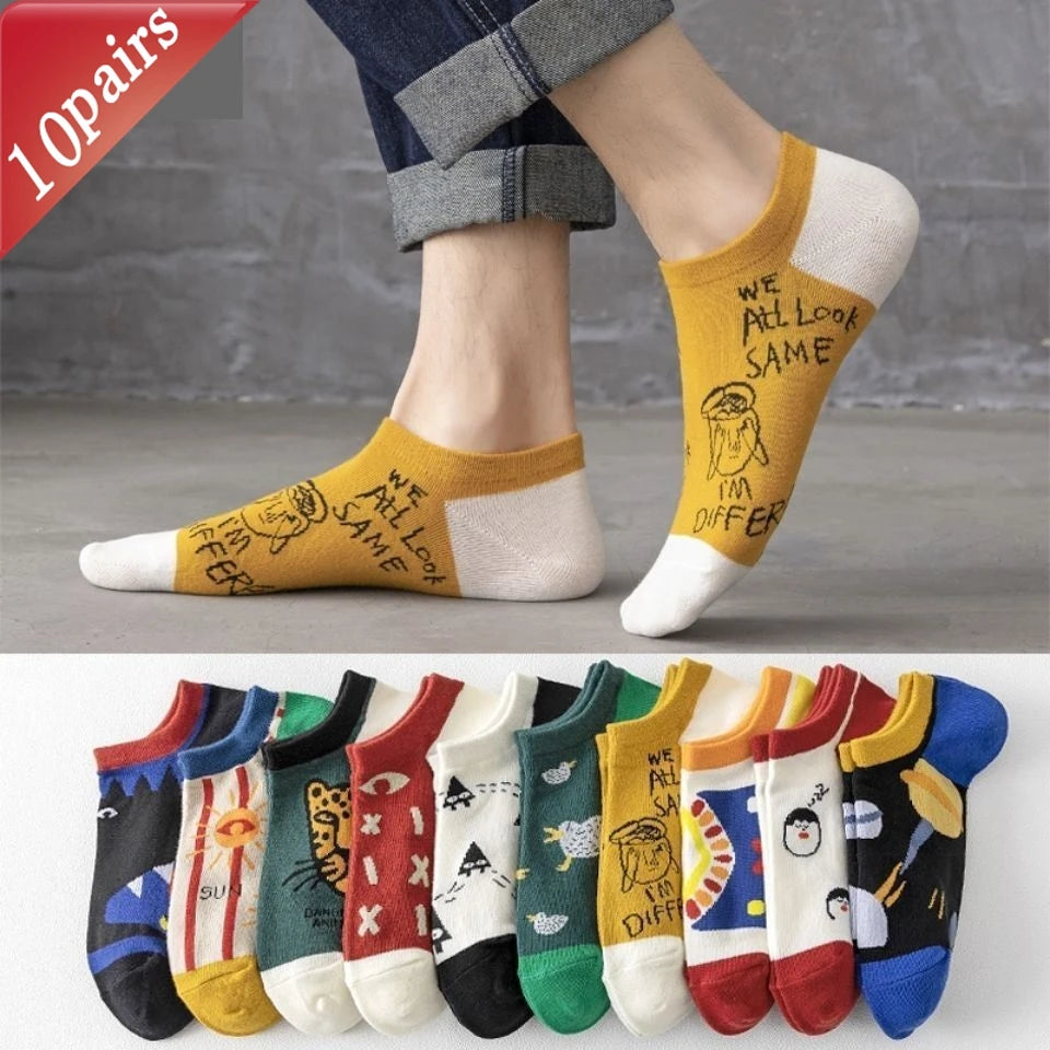 10 Pairs Men's Socks Set Cartoon Fashionable Versatile Casual Ankle Socks Thin Shallow Mouth Comfortable Breathable Cotton Socks