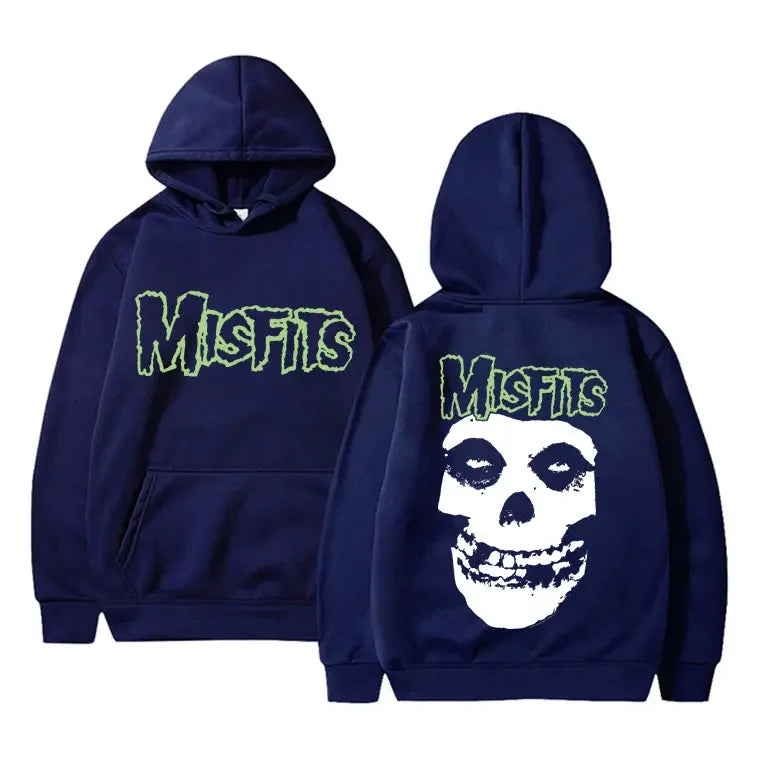 2025 Horror Punk Misfits Skull Graphic Print Hoodie Men Gothic Vintage Loose Fleece Cotton Hooded Sweatshirt Rock Style Pullover