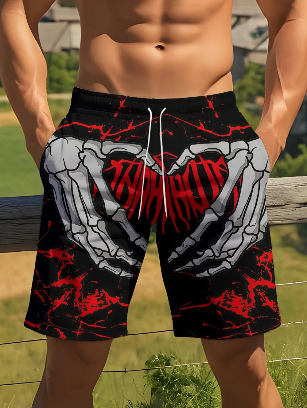 Fashion Men's 3D Skeleton Hand Printed Shorts Men Sports Breathable Oversize Beach Shorts Casual Swim Trunks Men Summer Clothing