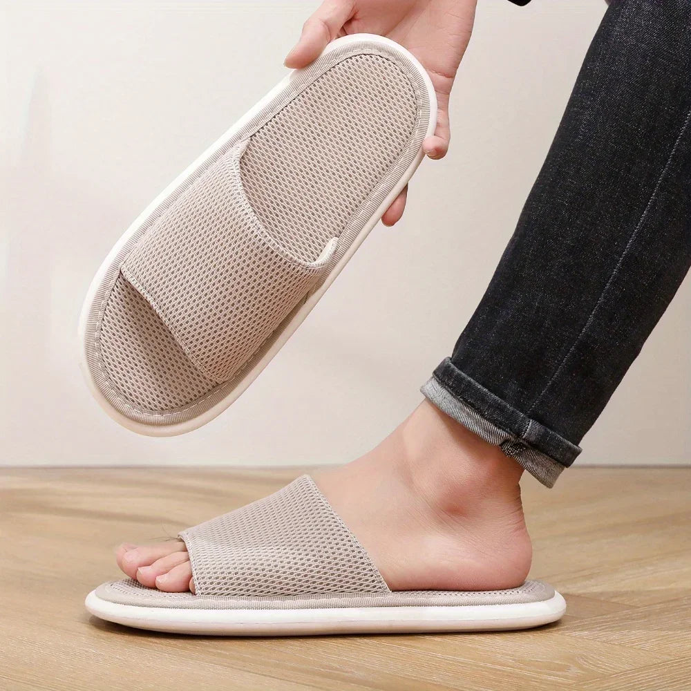 Men's Breathable Mesh On Open-Toe Slippers Lightweight Summer Indoor Shoes Soft Fabric for Home Comfort Flexible House Slippers