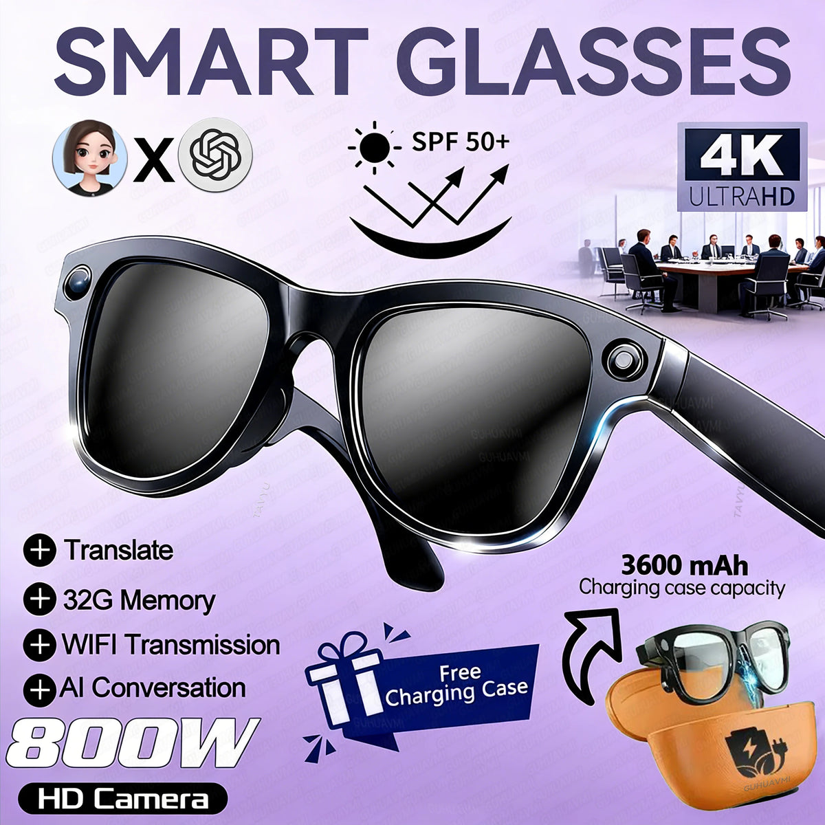 2026 New 800W Camera 3600mAh Portable Charger Smart Glasses 100+language Translation Bluetooth Call Music Player AI Chat Glasses