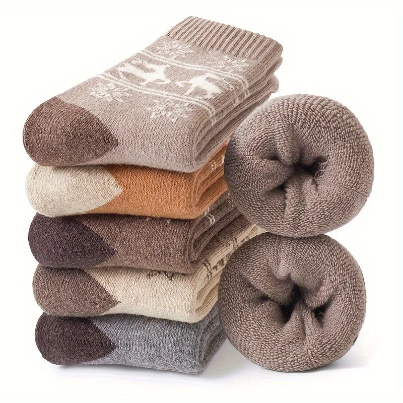 5Pairs Winter Thicken Wool Socks Warm Snow Women Socks Against Cold Middle Tube Outdoor Sports Socks Christmas Elk Socks Gift