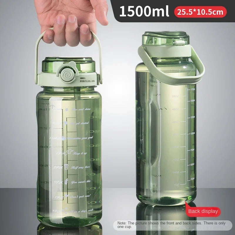 1.5L Sports Water Cup With Straws & Handle BPA-Free Leak-Proof Portable Water Bottle Large Capacity Plastic Straw Water Cup