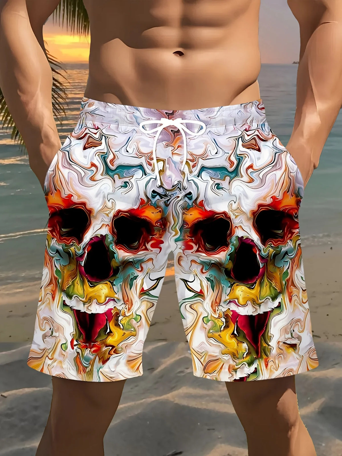 Men's Fashion Skull Man Pattern Digital 3D Printing Men's Casual Drawstring Shorts with Pockets Suitable for Summer Leisure