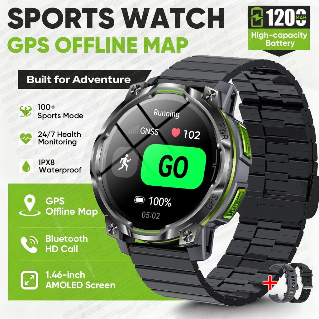 2026 New GPS Offline Map Smart Watch Men 1200mAh Battery IPX8 Waterproof Compass Altimeter Flashlight Bluetooth Call Smartwatch