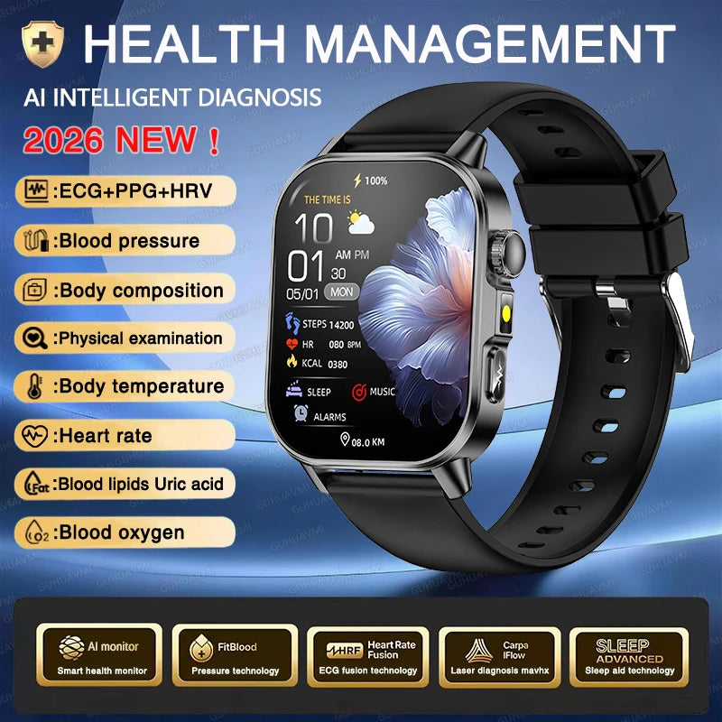 Nursing Grade AI Health Analysis Diagnose Smart Watch ECG+PPG Clock Blood Pressure Blood Lipid Uric Acid HD Call Watch Men Women