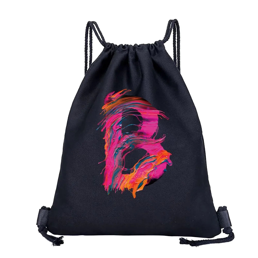 26 Initials Print Drawstring Bag Backpack Men and Women Beach Sports Travel Backpack Kid Gift Supplies Bag Portable Sundries Bag