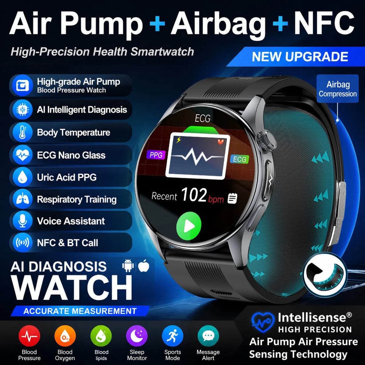 2026New TPU Air Sac Air Pump Smart watch Professional Display ECG+PPG Uric Acid Monitoring BT Call Health Smart Watch For Adult
