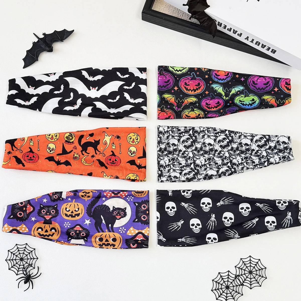 Halloween Headband Stretchy Wide Sports Hairband Skull Pumpkin Bat Print Head Wrap Halloween Party Cosplay Hair Accessories