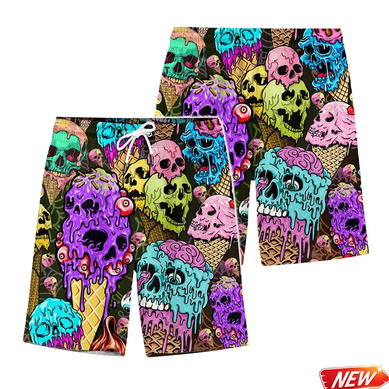 3d Print Horror Skull Ice Cream Pattern Men Beach Shorts Colorful Skeleton Graphic Swim Trunks Gothic Street Summer Board Shorts