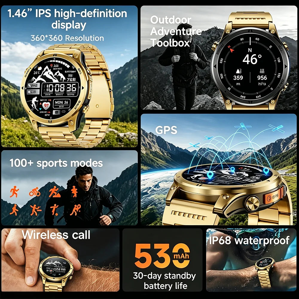 Gold Smartwatch for Men: 1.46-Inch AMOLED Screen, LED Flashlight, 560mAh Battery, 10ATM Waterproof, Bluetooth Call Smartwatch