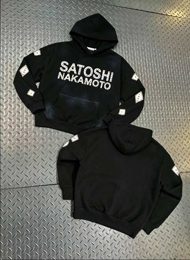 Street Casual SATOSHI Hoodies Pullover Embossed Pattern Embroidery Turtle Shell Design Washed Hooded Men Women Loose Sweatshirts