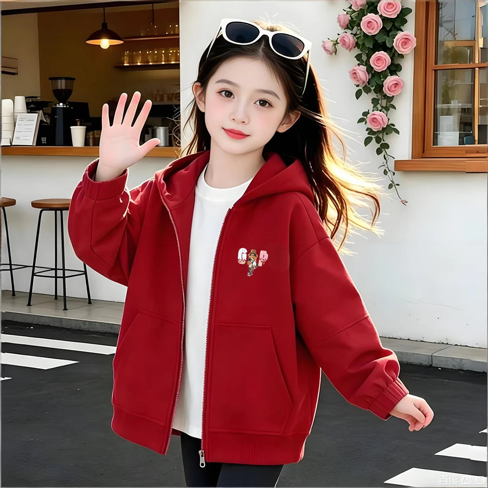 Fashion Bear clothing print Kid 3-12 Year Hoodie Zip Up Hoodies cardigan Tops Girl pink Black Coat autumn Children Purple