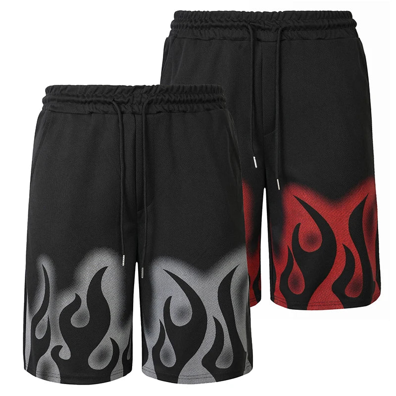 Men Flame Print Loose Hip Hop Shorts Elastic Drawstring Waist Exquisite Hem Breathable Street Daily Travel Outdoor Casual Shorts