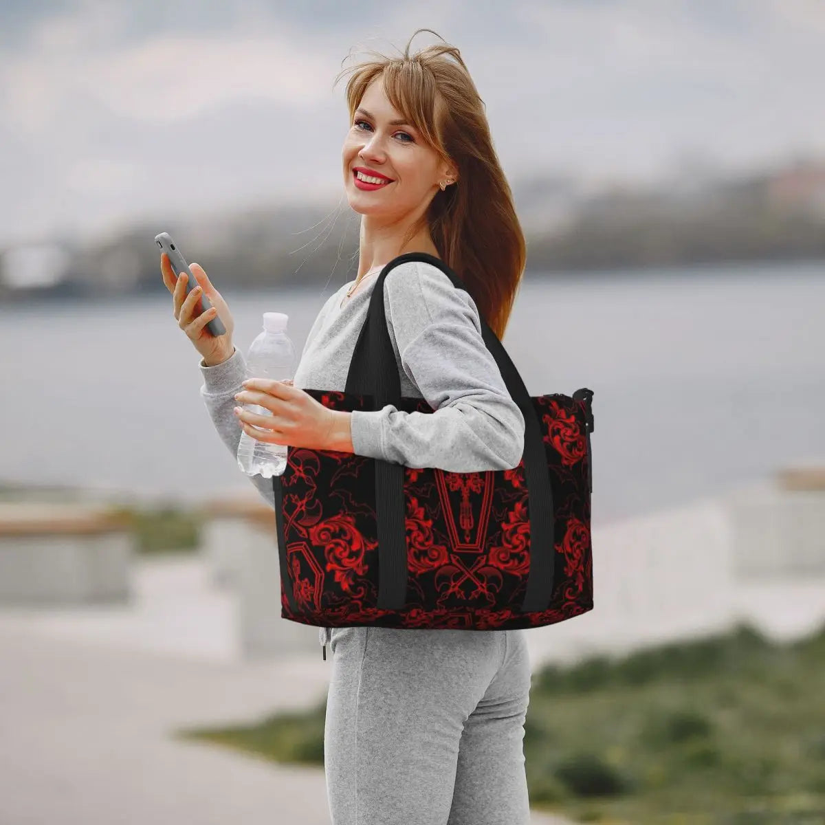 Custom Gothic Vampire Tote Bag for Women Large Capacity Halloween Haunted Mansion Beach Gym Travel Bags