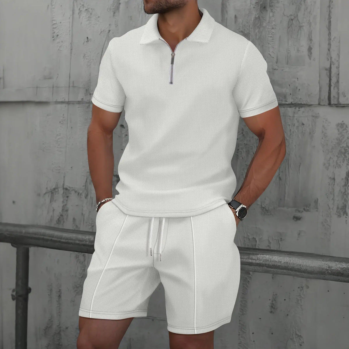 Men Europe and the United States New Summer Waffle Solid Color Zip-Up Lapel Short-Sleeve Suit Shorts Two Sets