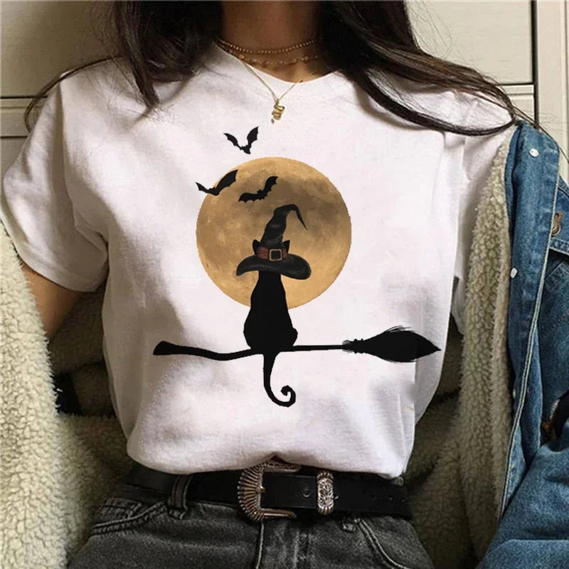 T-shirts Short Sleeve Harajuku Graphic Top Shirts Street Costume Women Cartoon Witch Magic Tshirt Halloween Print