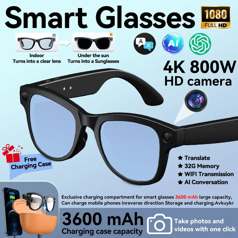3600mAh Power Bank Smart Glasses 800W 4K HD Pixel 32GB Translation Bluetooth Music Ultra AI Smart Glasses with video camera 2026