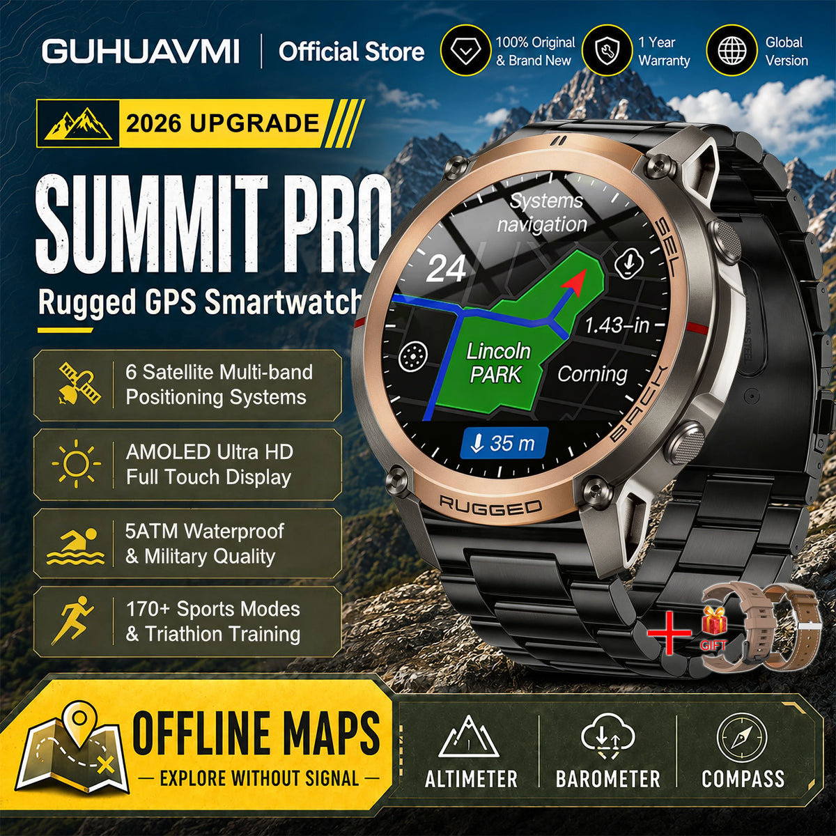 2026 New Google Maps Smart Watch GPS Route Tracking Offline Map Compass Fitness Tracker BT Call Rugged Outdoor HD Smartwatch Men