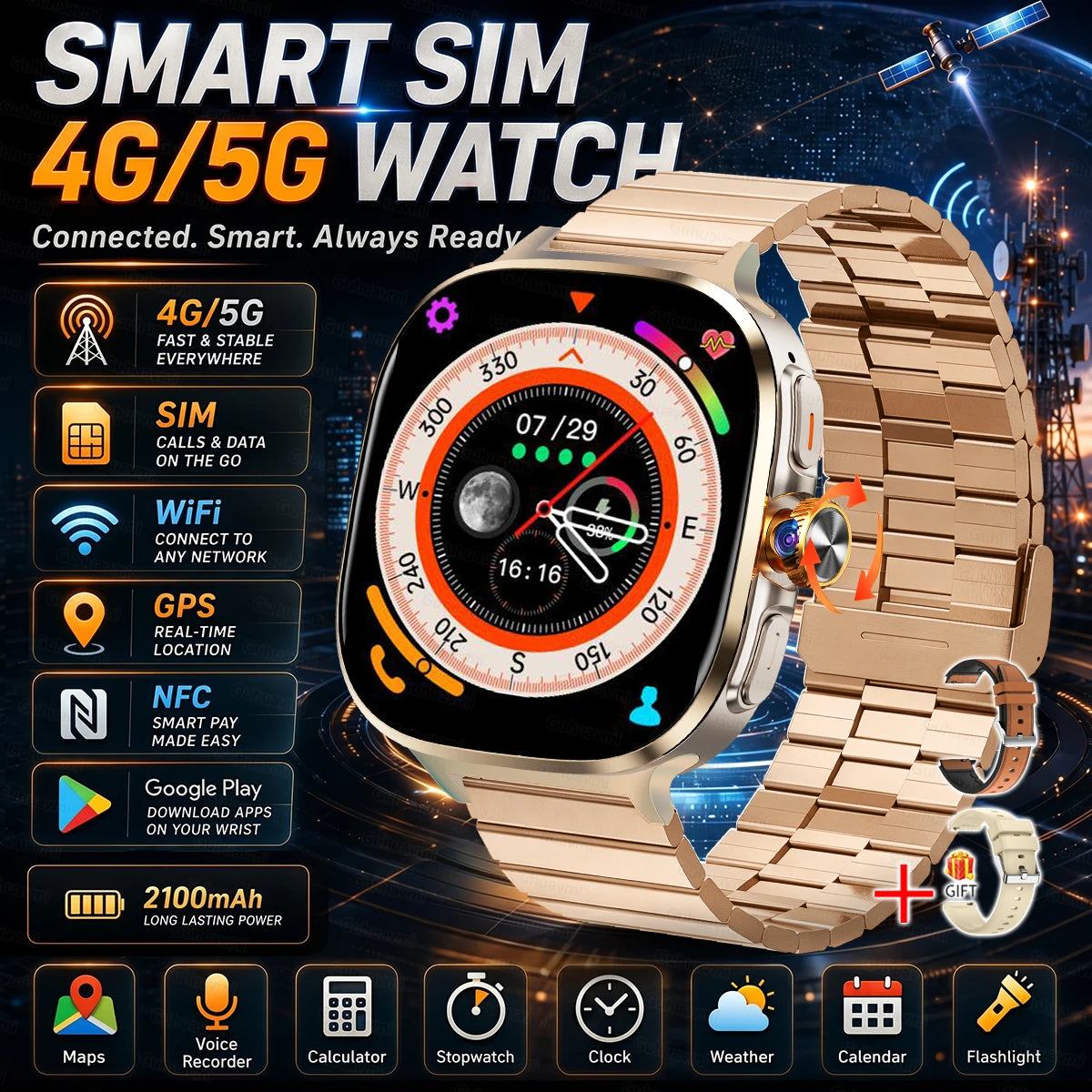 New upgrade 5G/4G Full Network Smart Watch AMOLED 2100mah Rotating Camera GPS WIFI Google APPS Download Smartwatch phone iOS