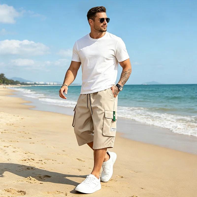 Summer Men Cargo Shorts Multi Pocket Elastic Drawstring Waist Loose Casual Outdoor Sports Workout Daily Beach Streetwear Bottoms