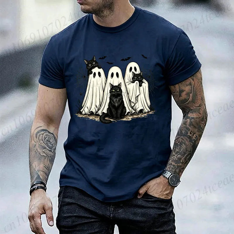 Retro Halloween Ghost & Black Cat Graphic T‑Shirt Men Women Spooky Ghost Cats Bat Spider Print Short Sleeve Holiday Party Tops