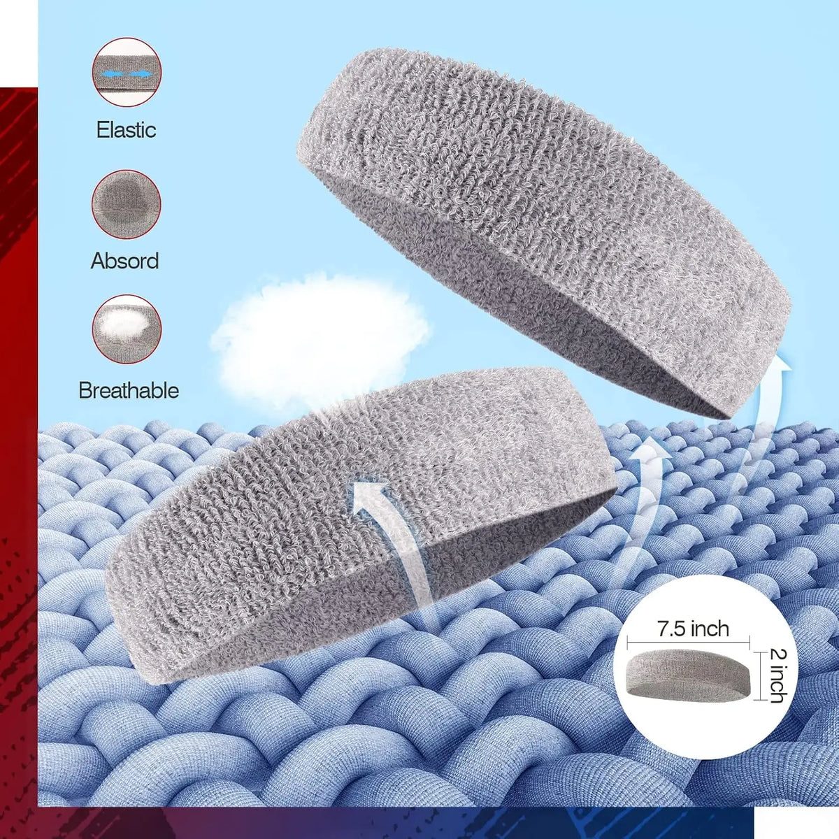 Sports Sweatbands Headband Moisture Wicking Hairband Athletic Towel Headbands Cotton Head Sweat Bands for Running, Cycling, Yoga