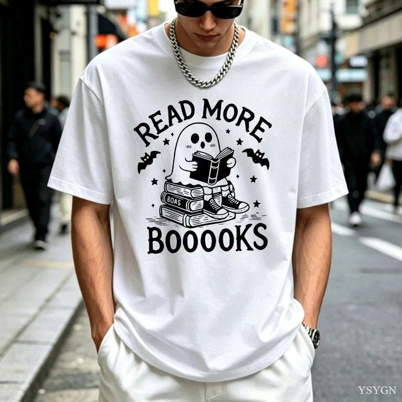Read More Booooooks Ghost Book Lover T‑Shirt Cute Ghost Reading Book Stack Bat Star Spooky Halloween Bookworm Pun Quote Tops Tee