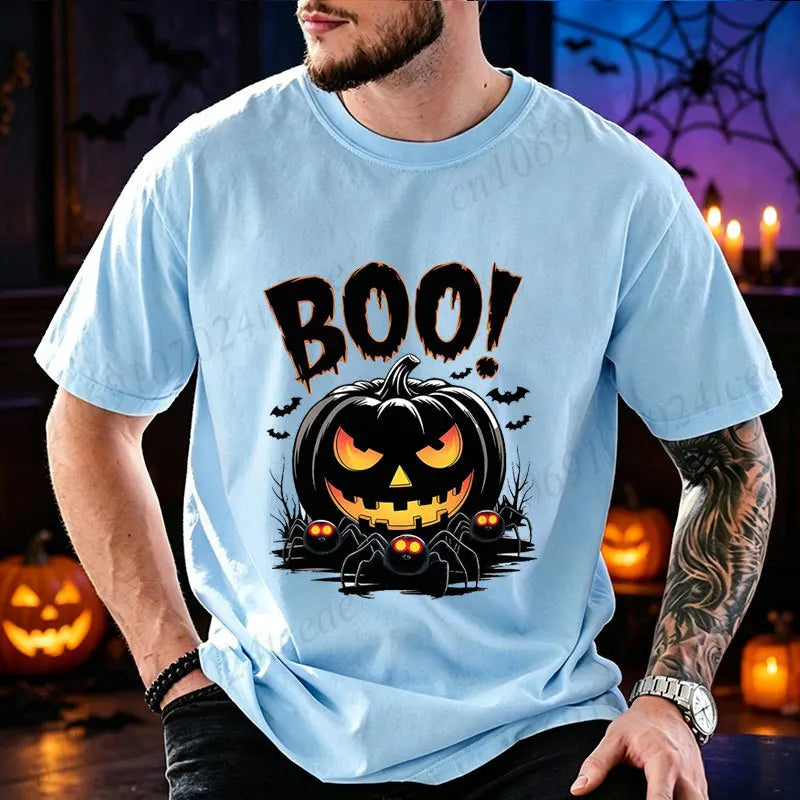Men Halloween Boo Pumpkin Print T‑Shirt O‑Neck Casual Tee Spooky Spider Bat Graphic Tops Holiday Party Streetwear Men Clothing